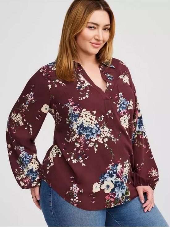 torrid Tops - torrid Harper Burgundy Floral V-Neck Blouse